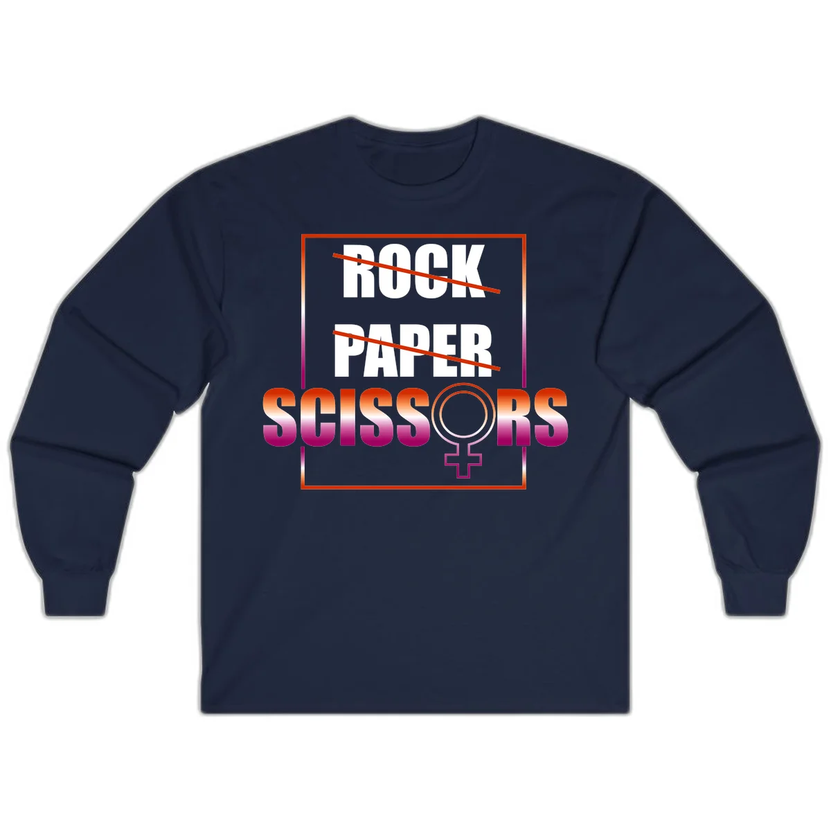 Rock paper scissors pride design with strikethrough lines, female symbol, and gradient text in orange to magenta colors in Navy