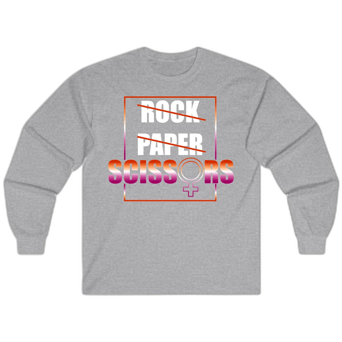 Rock paper scissors pride design with strikethrough lines, female symbol, and gradient text in orange to magenta colors in Sport Grey