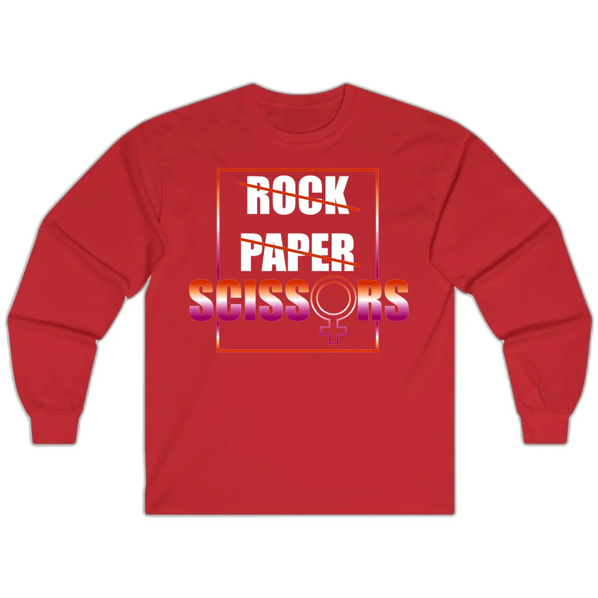 Rock paper scissors pride design with strikethrough lines, female symbol, and gradient text in orange to magenta colors in Red
