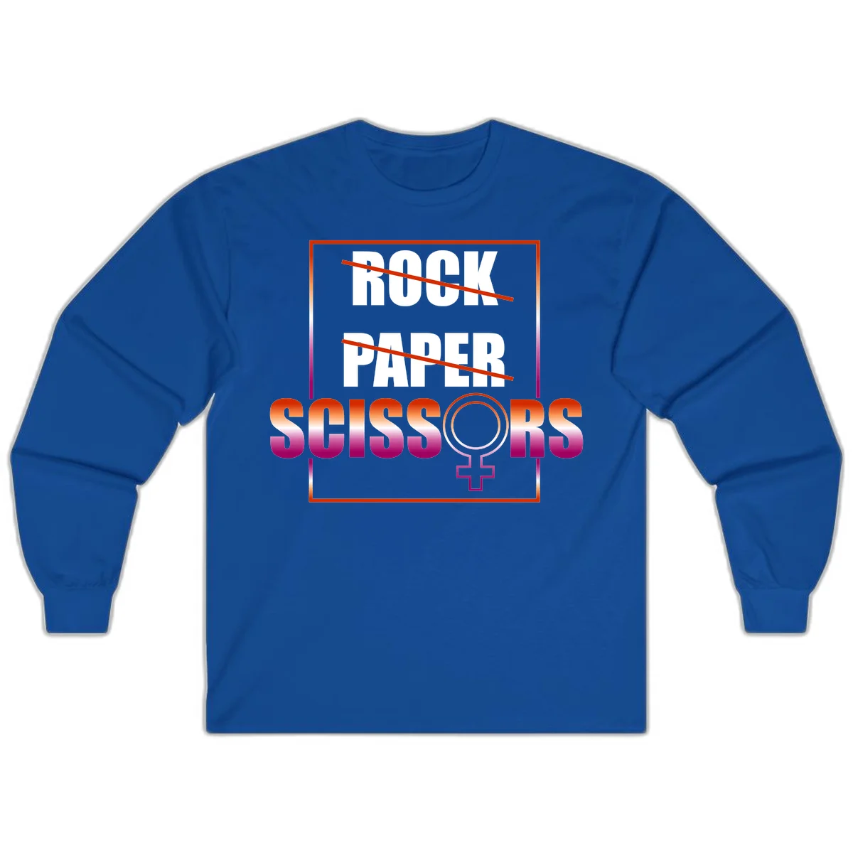 Rock paper scissors pride design with strikethrough lines, female symbol, and gradient text in orange to magenta colors in Royal