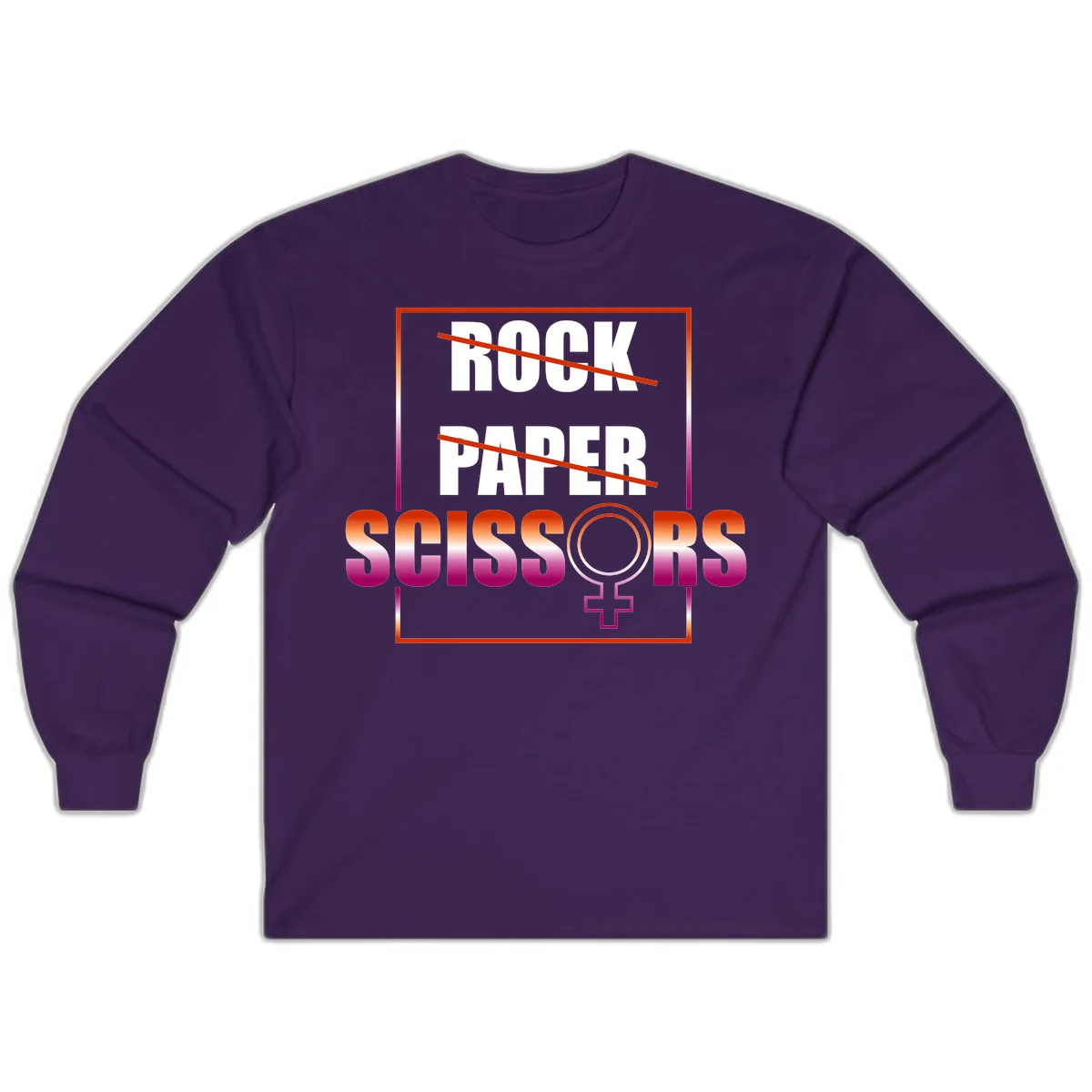 Rock paper scissors pride design with strikethrough lines, female symbol, and gradient text in orange to magenta colors in Purple