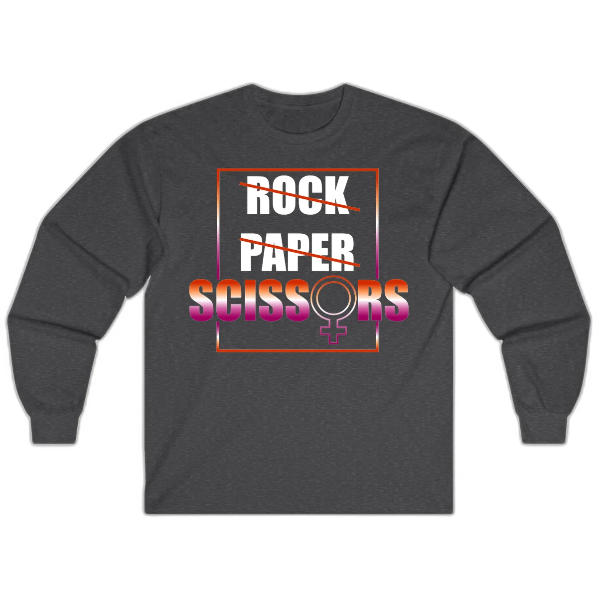 Rock paper scissors pride design with strikethrough lines, female symbol, and gradient text in orange to magenta colors in Dark Heather