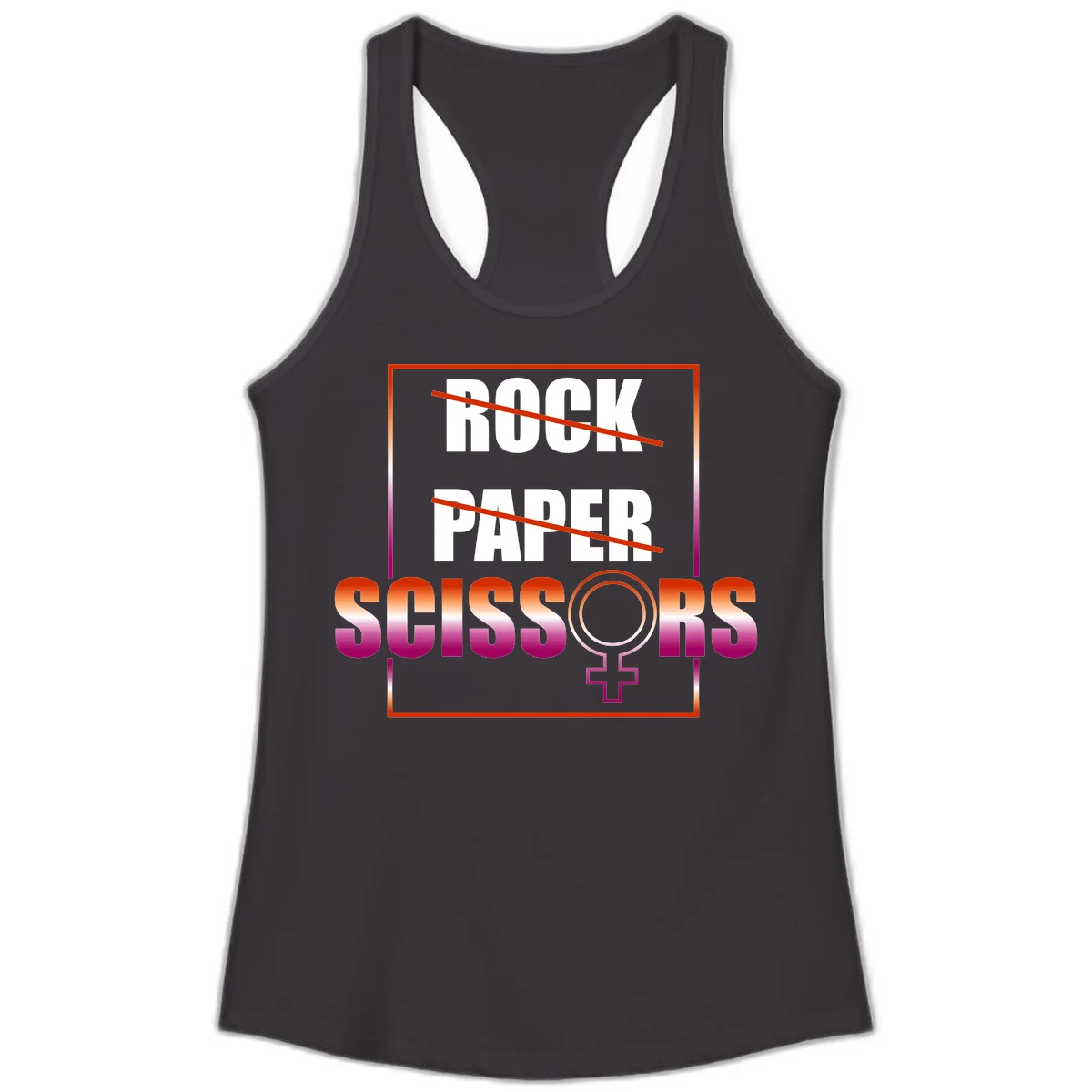 Rock paper scissors pride design with strikethrough lines, female symbol, and gradient text in orange to magenta colors in Black