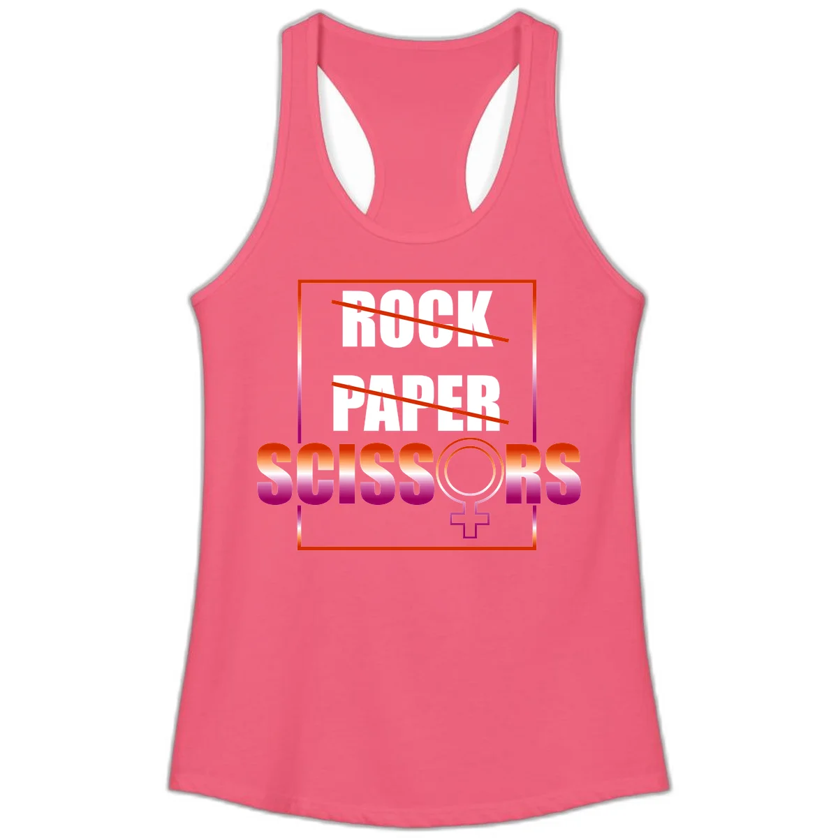 Rock paper scissors pride design with strikethrough lines, female symbol, and gradient text in orange to magenta colors in Hot Pink
