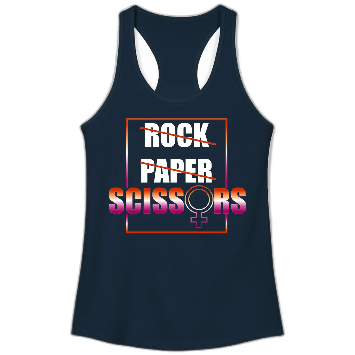 Rock paper scissors pride design with strikethrough lines, female symbol, and gradient text in orange to magenta colors in Solid Midnight Navy