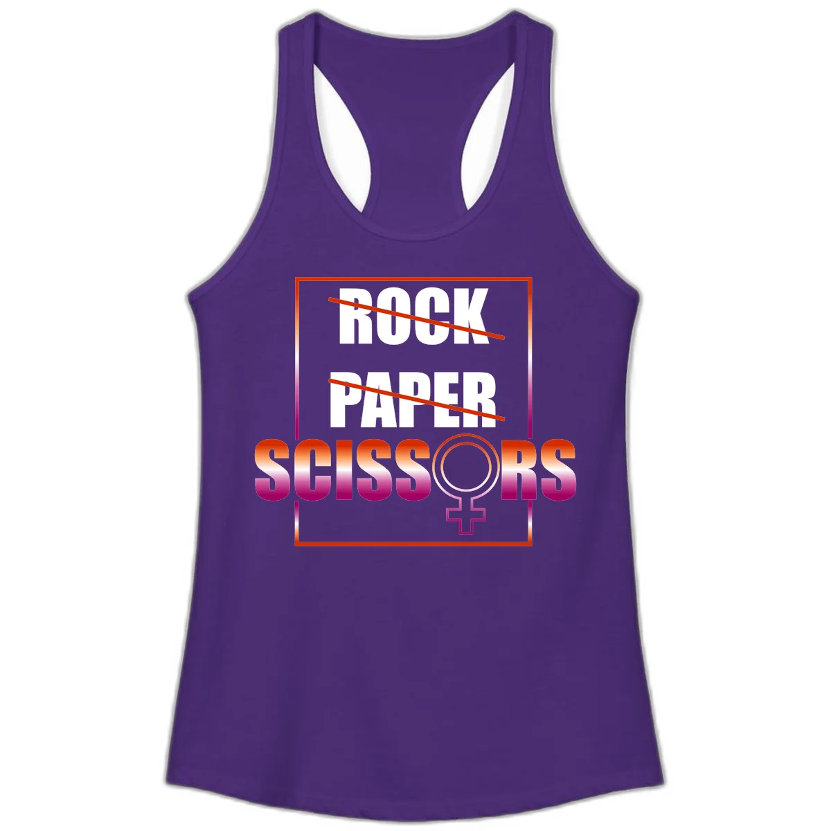 Rock paper scissors pride design with strikethrough lines, female symbol, and gradient text in orange to magenta colors in Solid Purple Rush