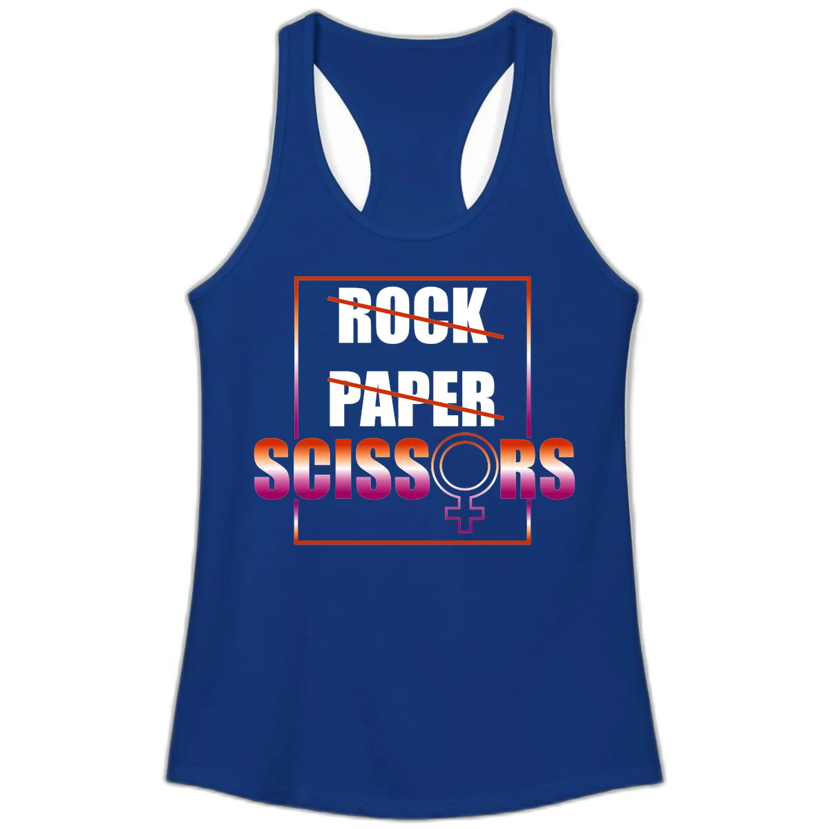 Rock paper scissors pride design with strikethrough lines, female symbol, and gradient text in orange to magenta colors in Solid Royal