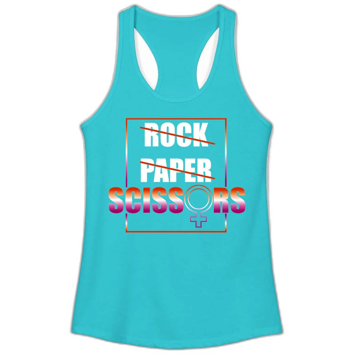 Rock paper scissors pride design with strikethrough lines, female symbol, and gradient text in orange to magenta colors in Solid Tahiti Blue