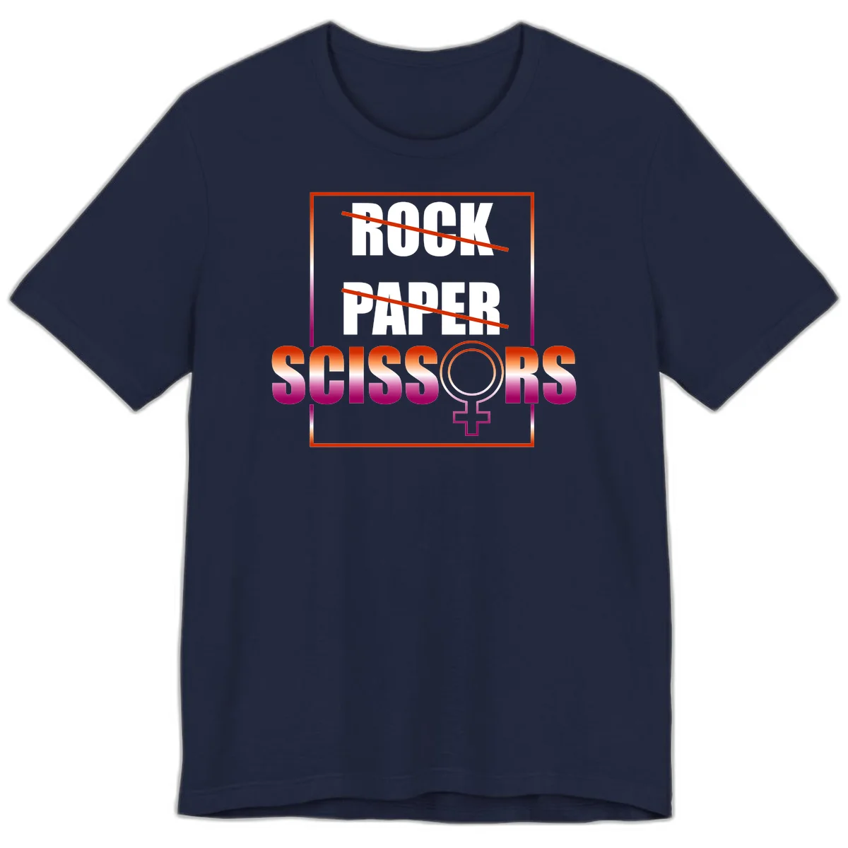 Rock paper scissors pride design with strikethrough lines, female symbol, and gradient text in orange to magenta colors in Navy