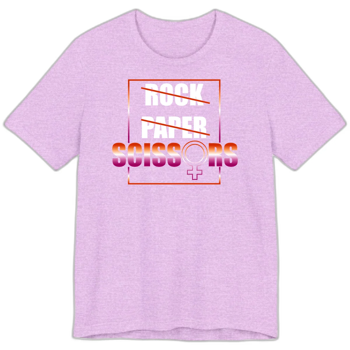 Rock paper scissors pride design with strikethrough lines, female symbol, and gradient text in orange to magenta colors in Heather Prism Lilac