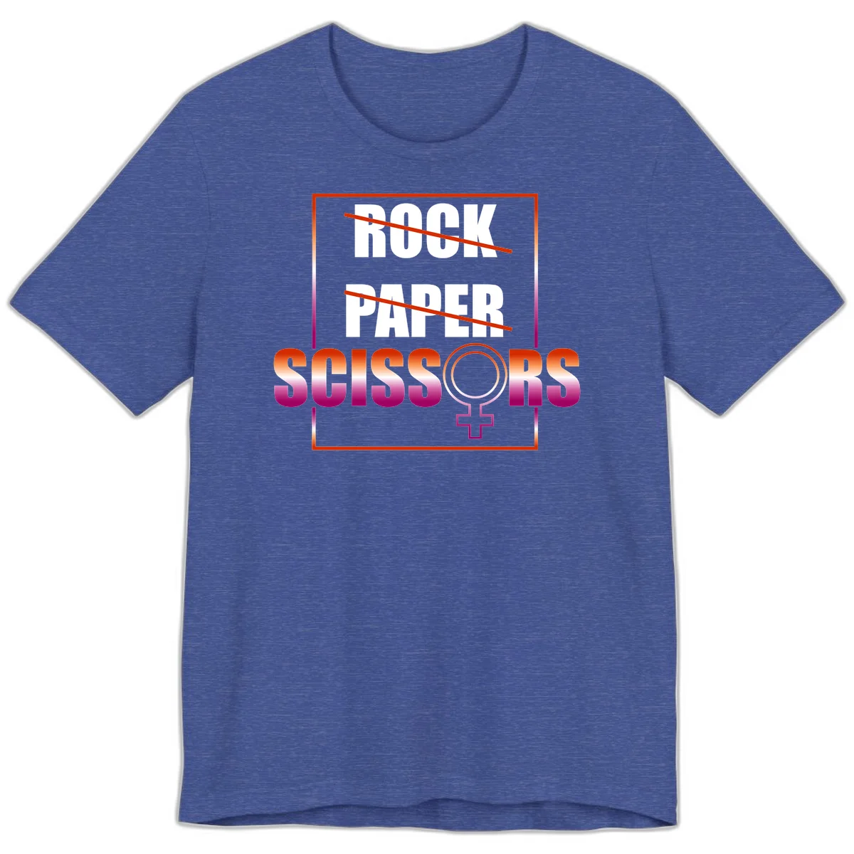 Rock paper scissors pride design with strikethrough lines, female symbol, and gradient text in orange to magenta colors in Heather True Royal