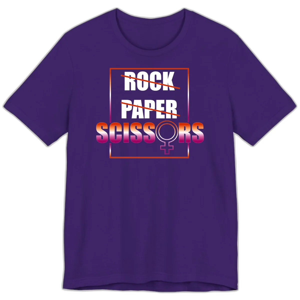 Rock paper scissors pride design with strikethrough lines, female symbol, and gradient text in orange to magenta colors in Team Purple
