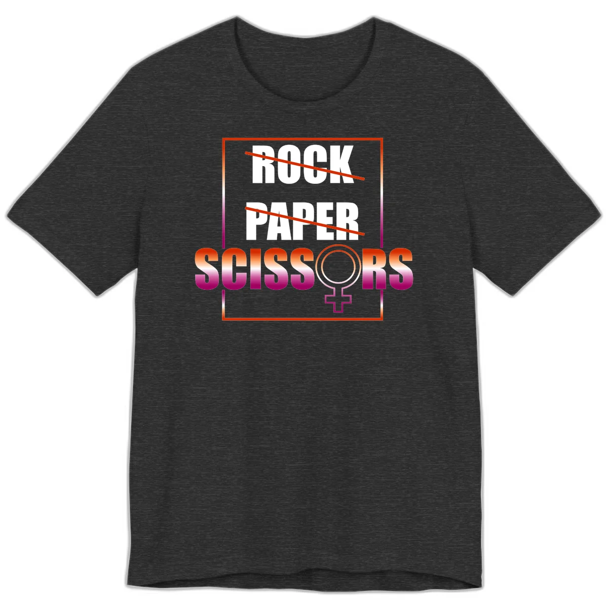 Rock paper scissors pride design with strikethrough lines, female symbol, and gradient text in orange to magenta colors in Dark Grey Heather