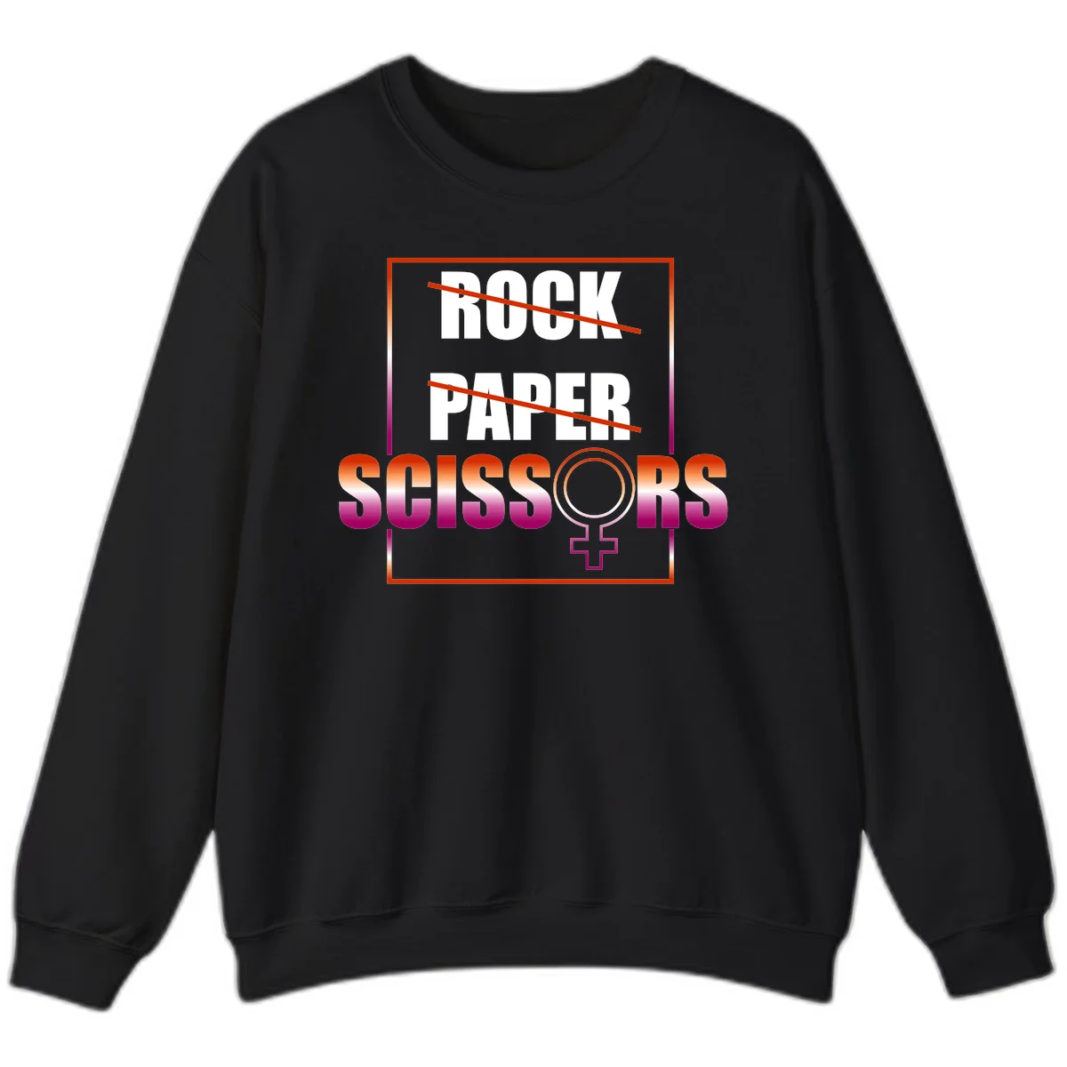 Rock paper scissors pride design with strikethrough lines, female symbol, and gradient text in orange to magenta colors in Black
