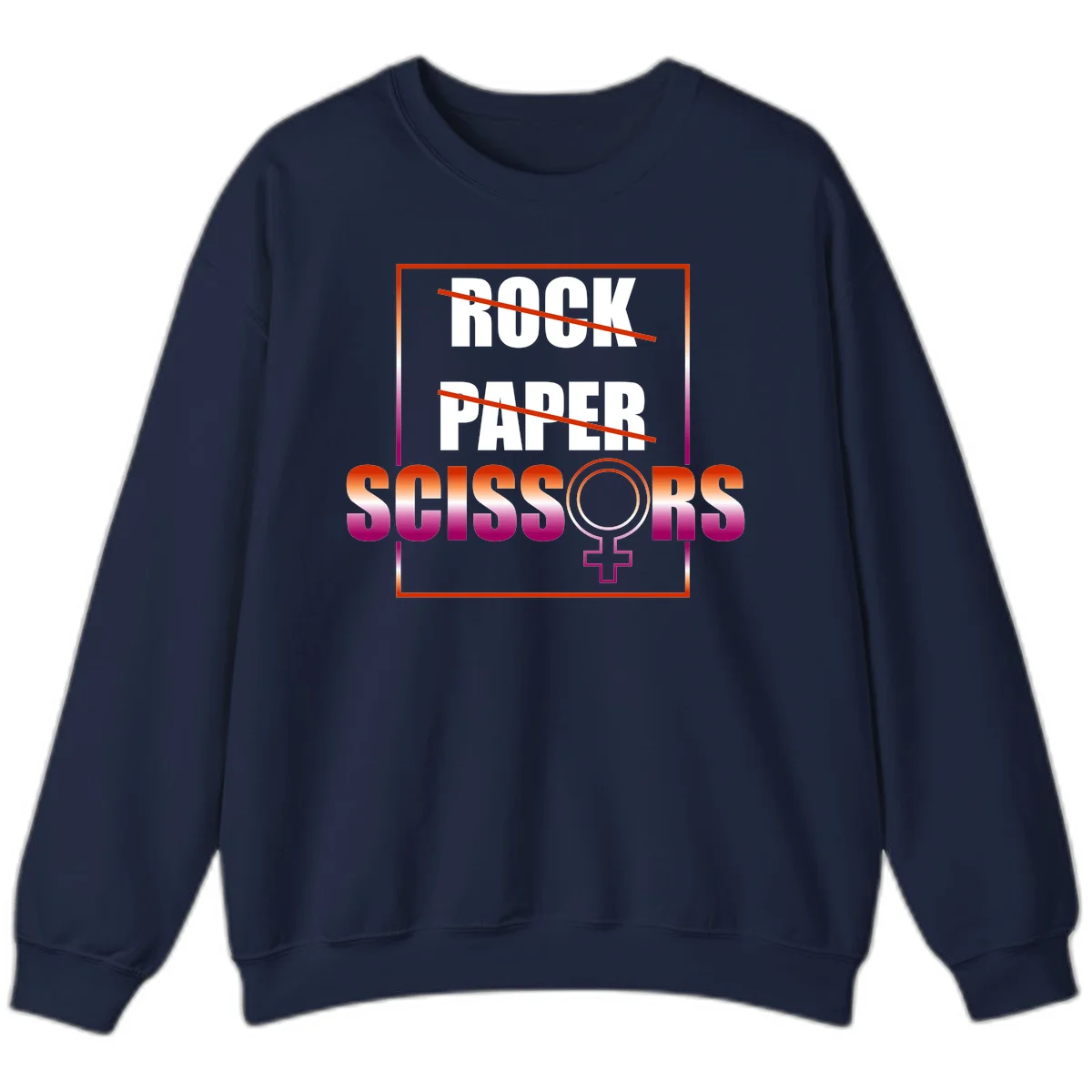 Rock paper scissors pride design with strikethrough lines, female symbol, and gradient text in orange to magenta colors in Navy