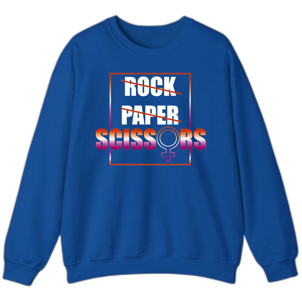 Rock paper scissors pride design with strikethrough lines, female symbol, and gradient text in orange to magenta colors in Royal