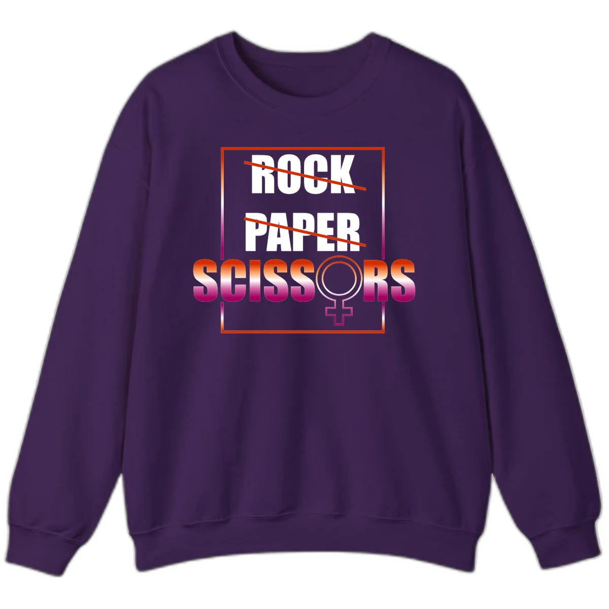 Rock paper scissors pride design with strikethrough lines, female symbol, and gradient text in orange to magenta colors in Purple
