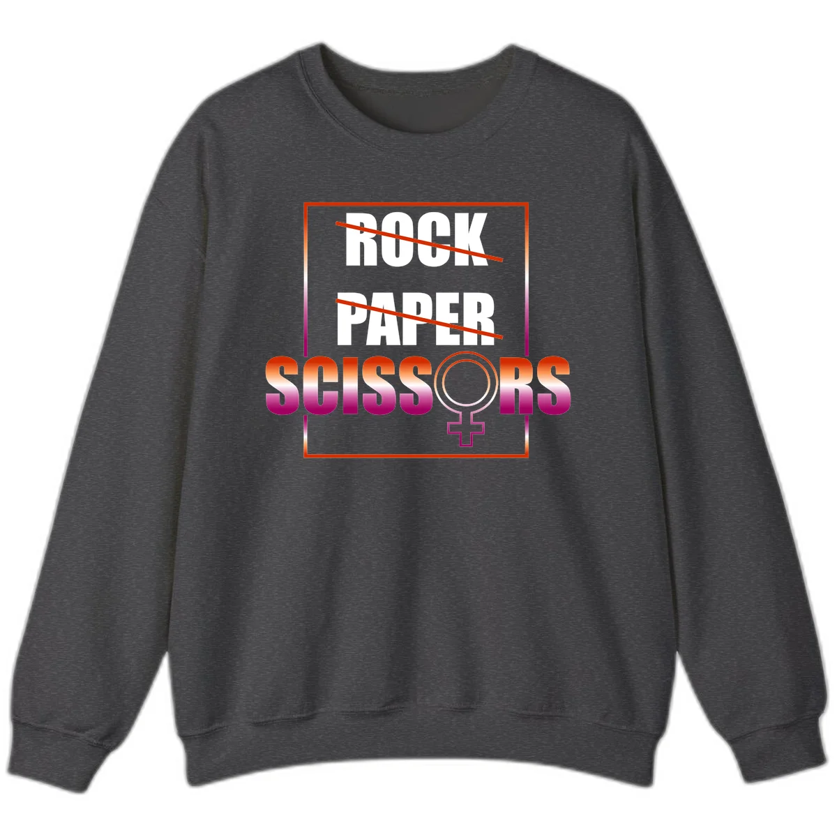 Rock paper scissors pride design with strikethrough lines, female symbol, and gradient text in orange to magenta colors in Dark Heather