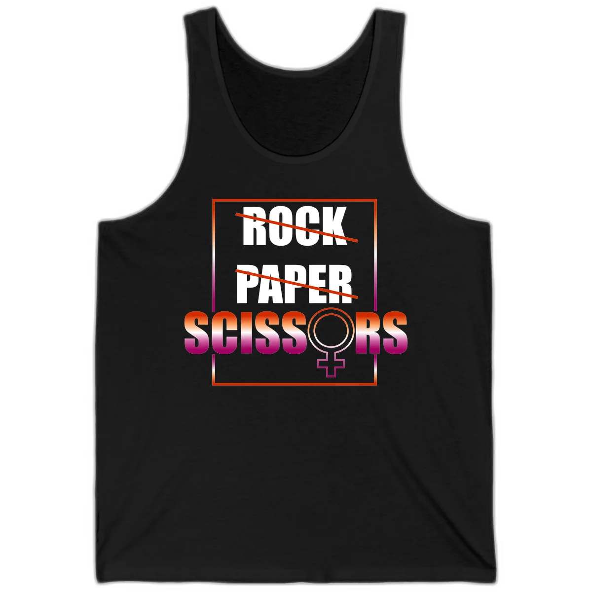 Rock paper scissors pride design with strikethrough lines, female symbol, and gradient text in orange to magenta colors in Black