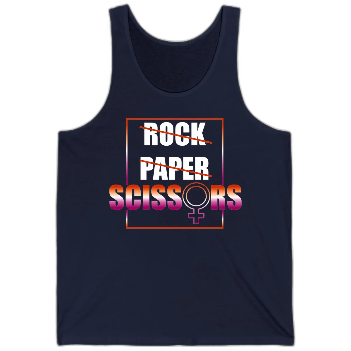 Rock paper scissors pride design with strikethrough lines, female symbol, and gradient text in orange to magenta colors in Navy