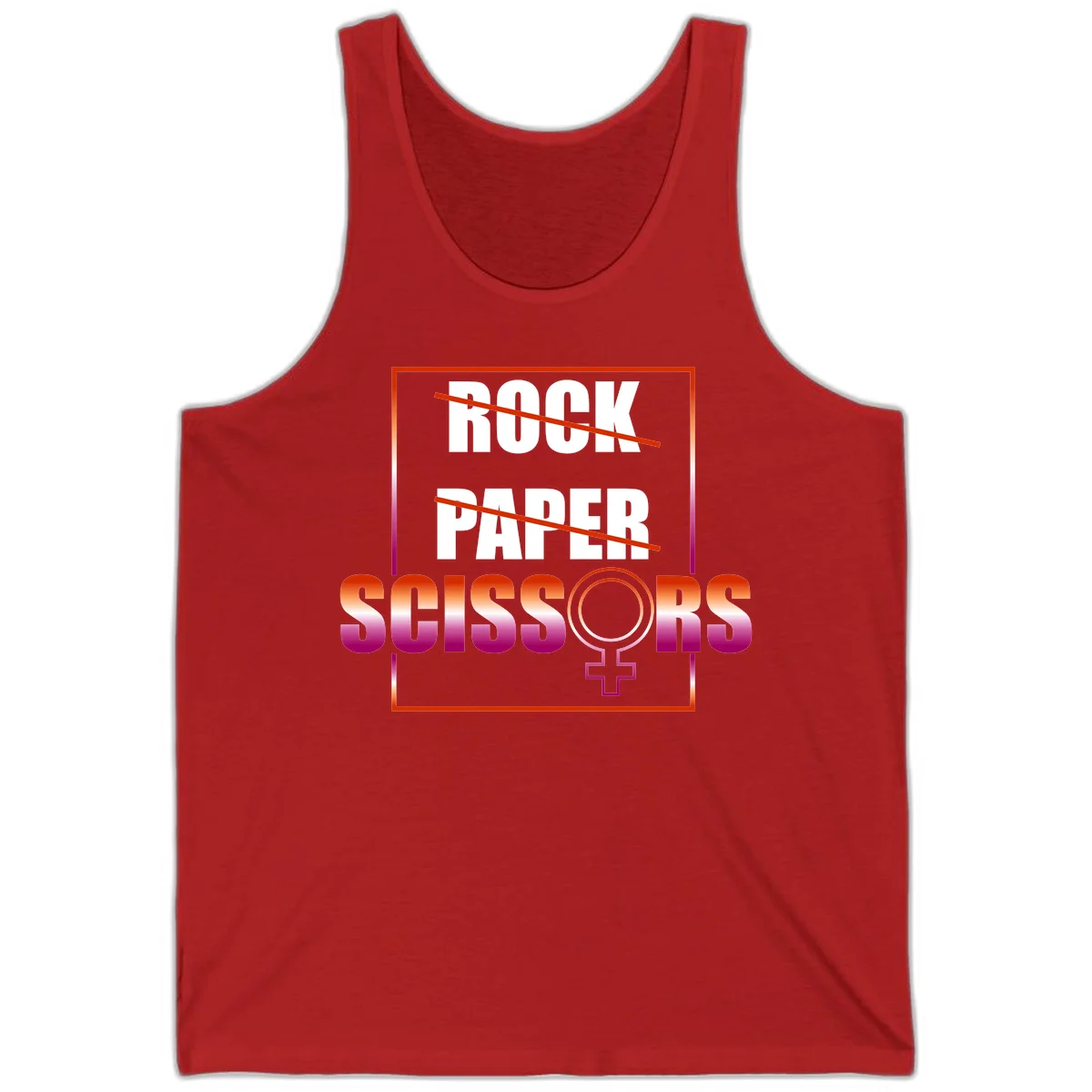 Rock paper scissors pride design with strikethrough lines, female symbol, and gradient text in orange to magenta colors in Red