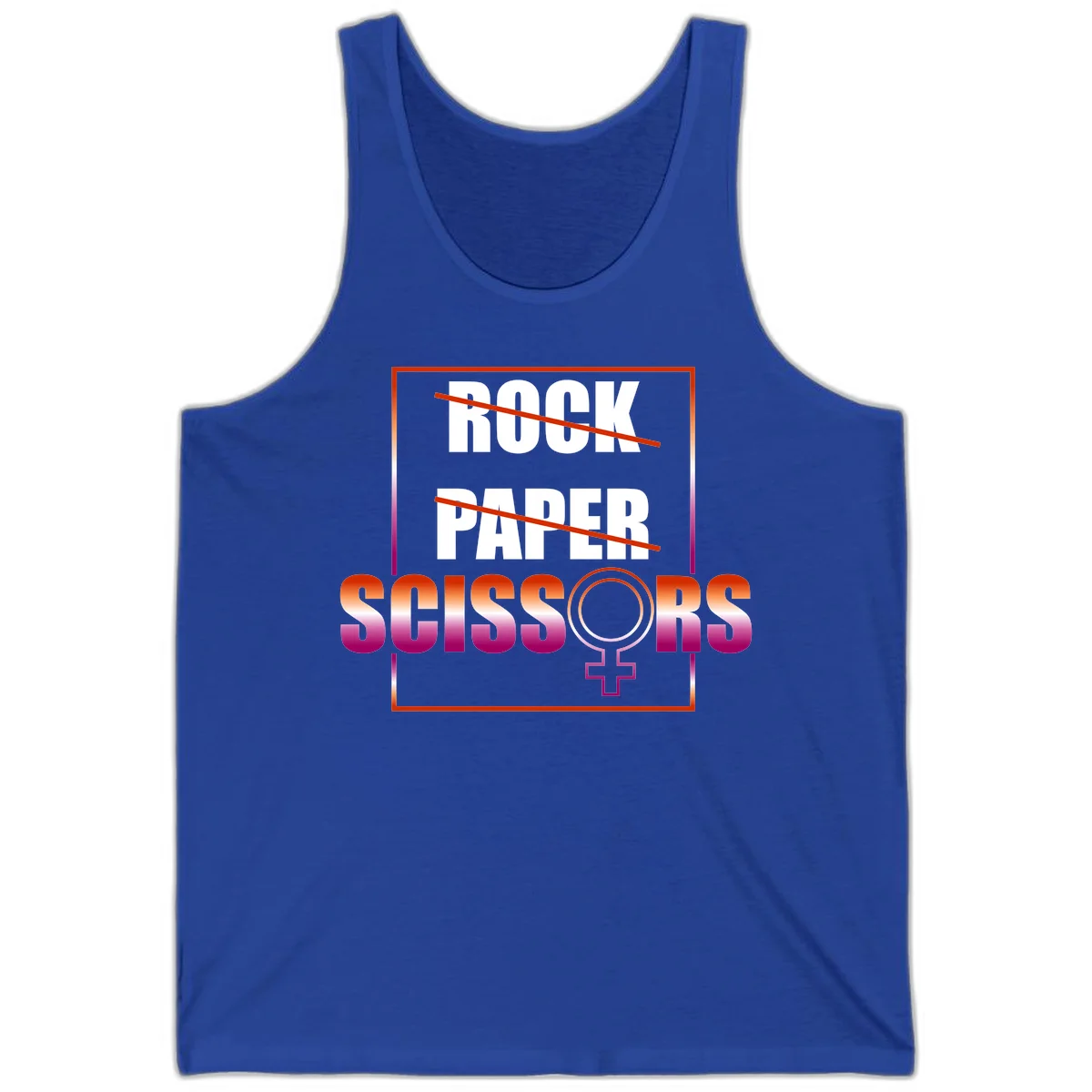 Rock paper scissors pride design with strikethrough lines, female symbol, and gradient text in orange to magenta colors in True Royal