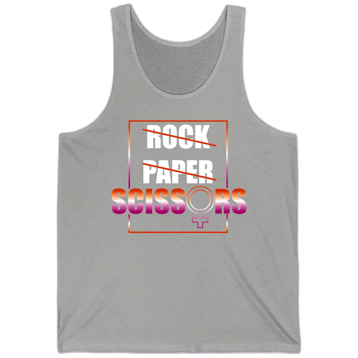 Rock paper scissors pride design with strikethrough lines, female symbol, and gradient text in orange to magenta colors in Athletic Heather