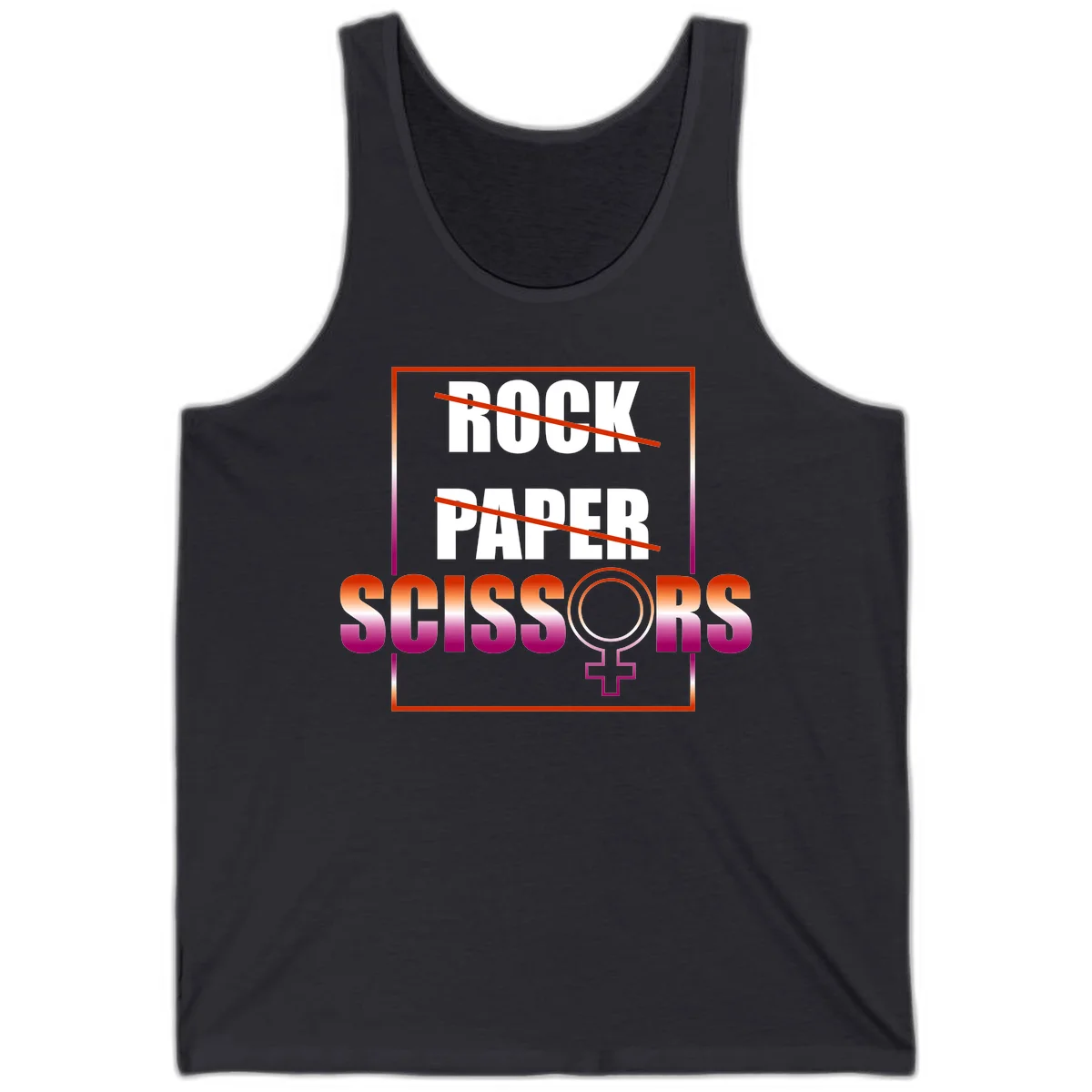 Rock paper scissors pride design with strikethrough lines, female symbol, and gradient text in orange to magenta colors in Dark Grey