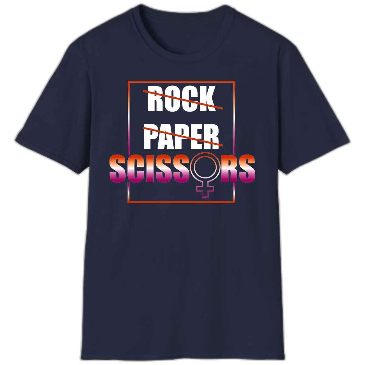 Rock paper scissors pride design with strikethrough lines, female symbol, and gradient text in orange to magenta colors in Navy