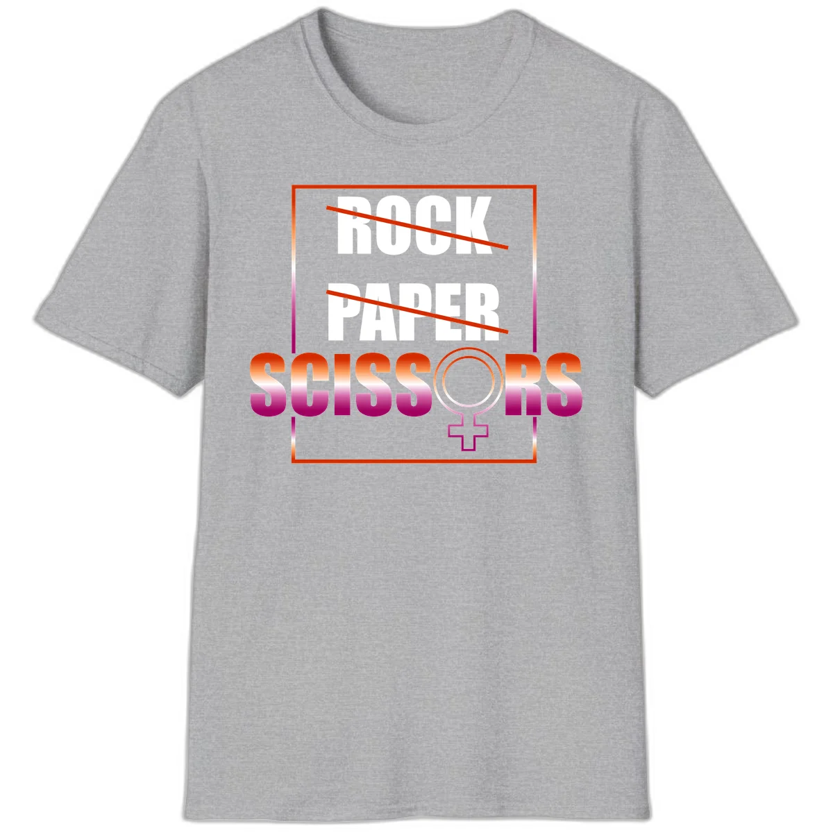 Rock paper scissors pride design with strikethrough lines, female symbol, and gradient text in orange to magenta colors in Sport Grey