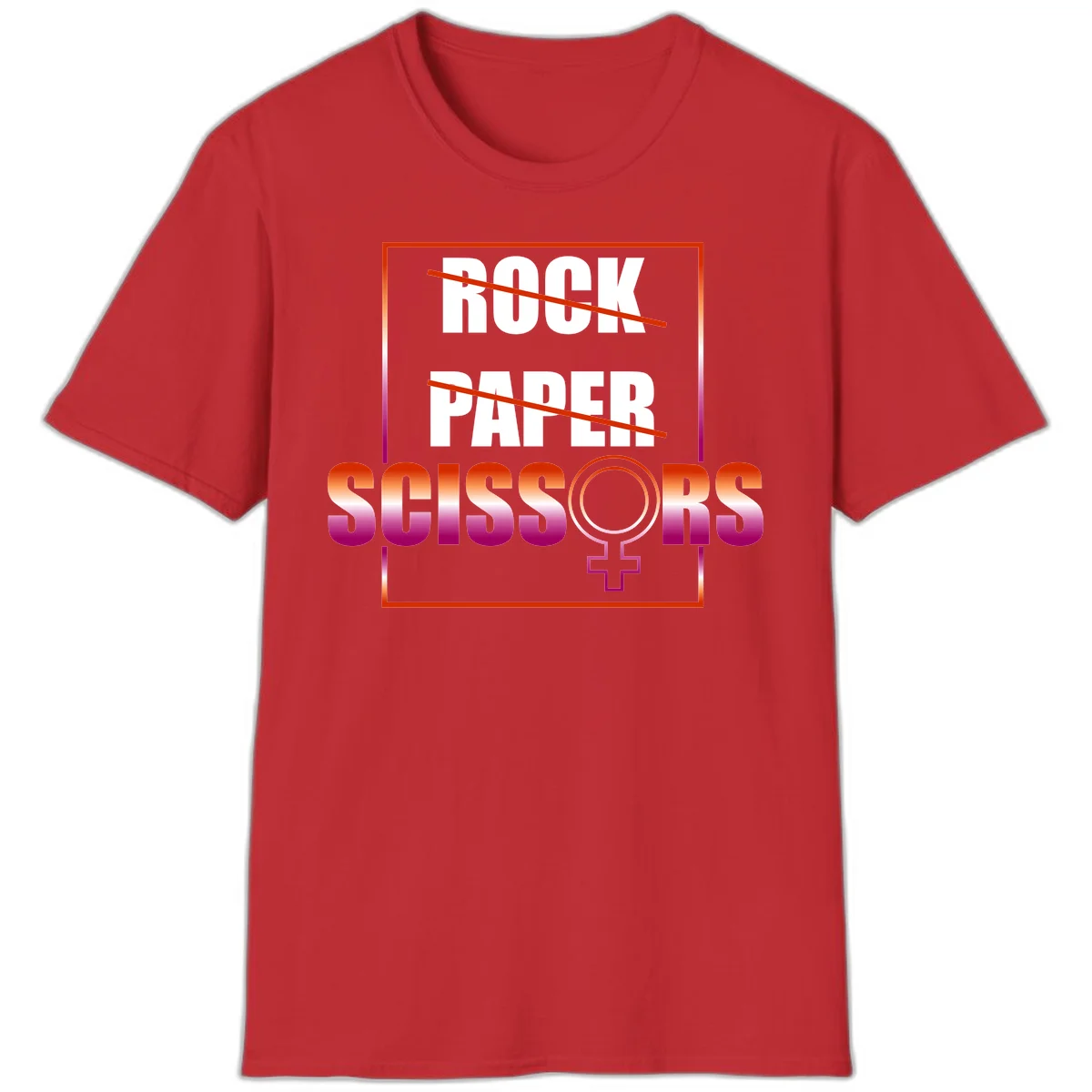 Rock paper scissors pride design with strikethrough lines, female symbol, and gradient text in orange to magenta colors in Red