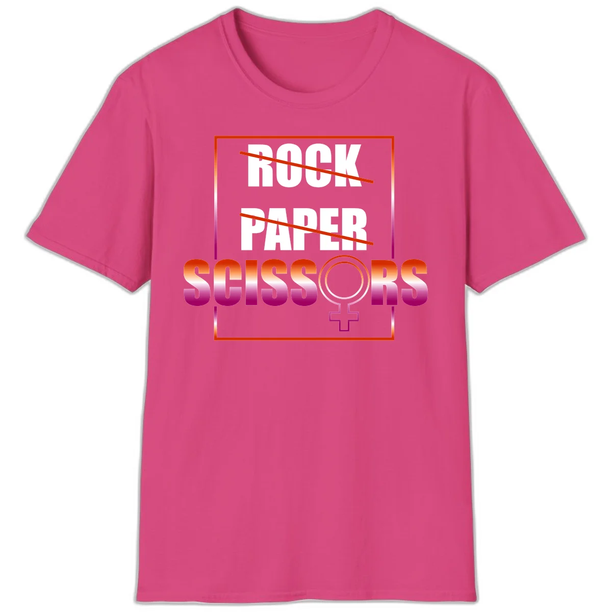 Rock paper scissors pride design with strikethrough lines, female symbol, and gradient text in orange to magenta colors in Heliconia