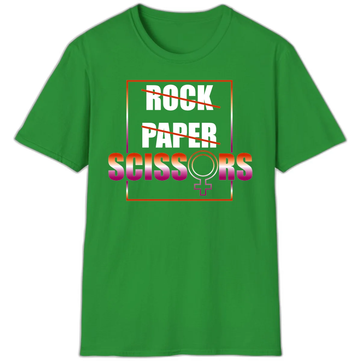 Rock paper scissors pride design with strikethrough lines, female symbol, and gradient text in orange to magenta colors in Irish Green