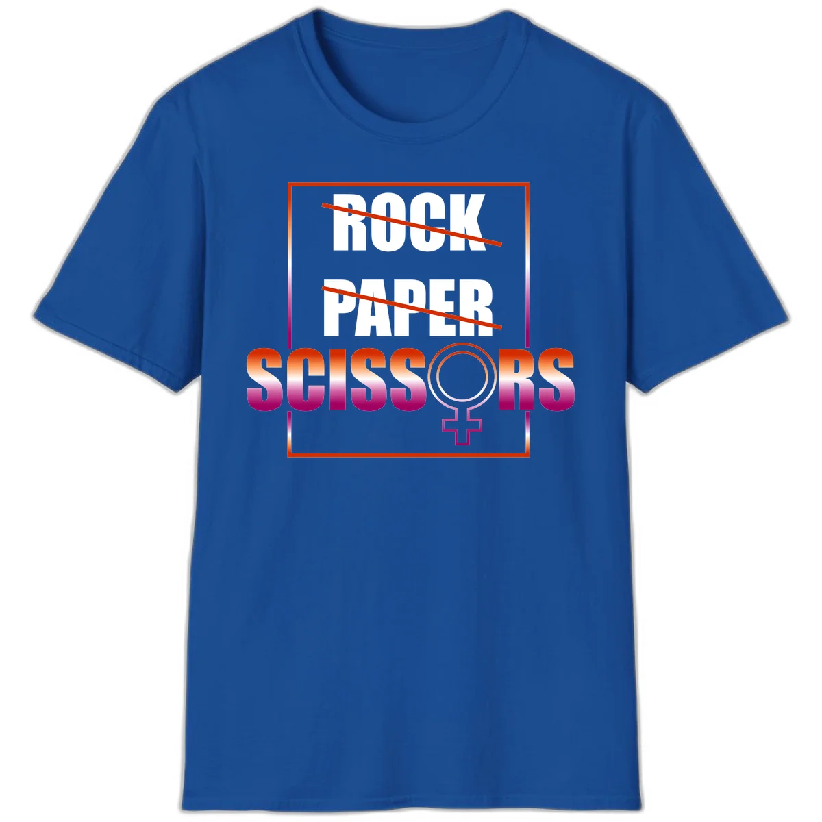 Rock paper scissors pride design with strikethrough lines, female symbol, and gradient text in orange to magenta colors in Royal