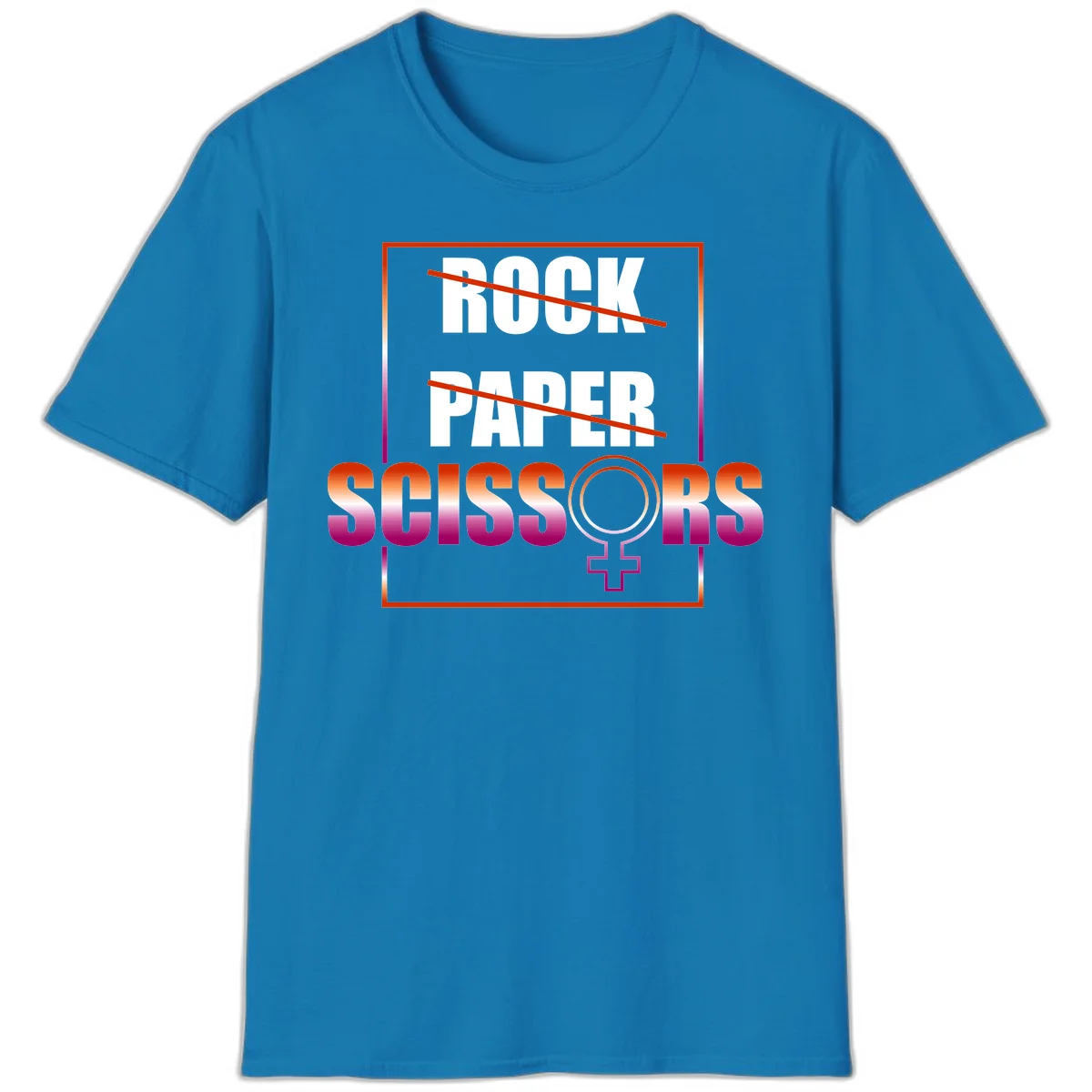 Rock paper scissors pride design with strikethrough lines, female symbol, and gradient text in orange to magenta colors in Sapphire
