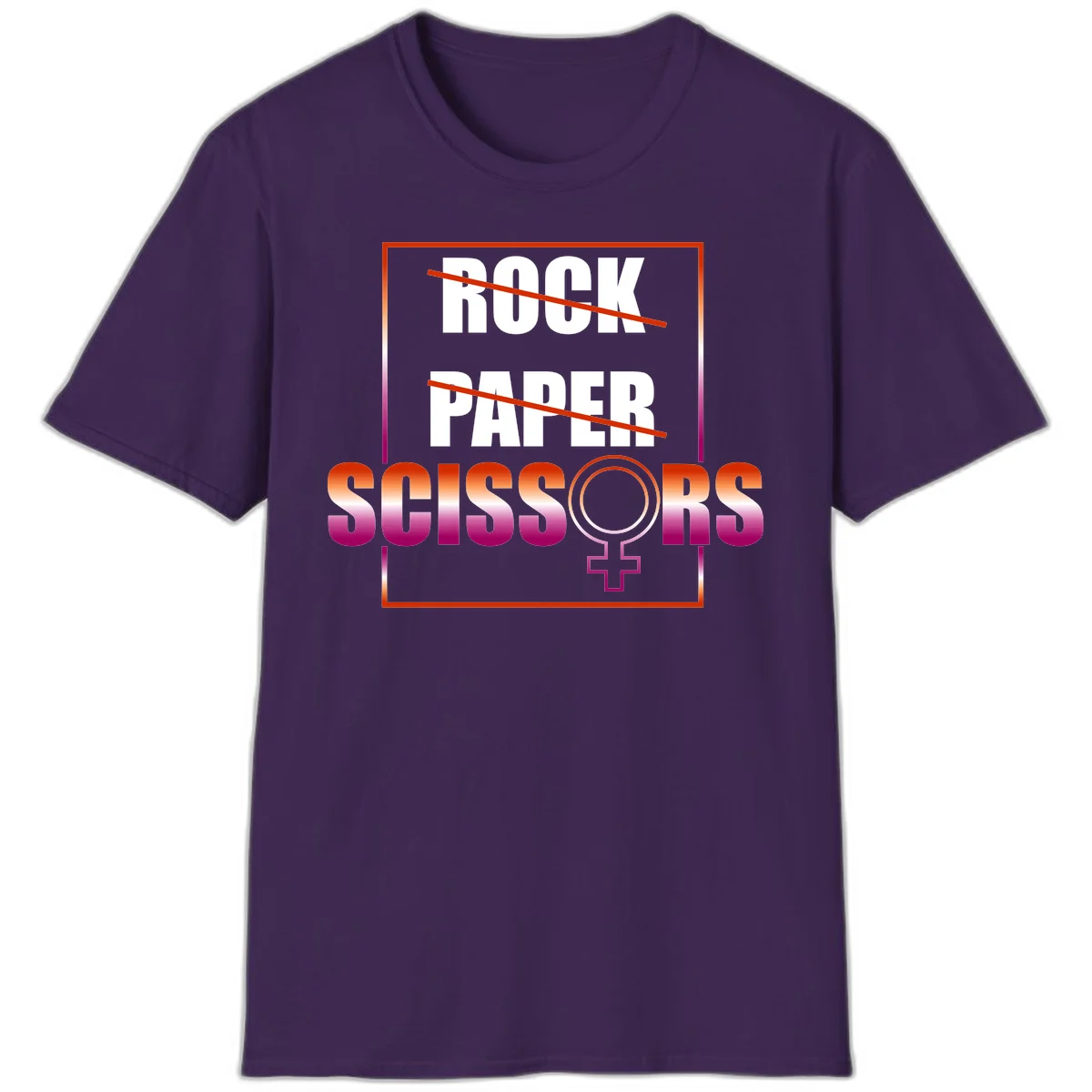 Rock paper scissors pride design with strikethrough lines, female symbol, and gradient text in orange to magenta colors in Purple