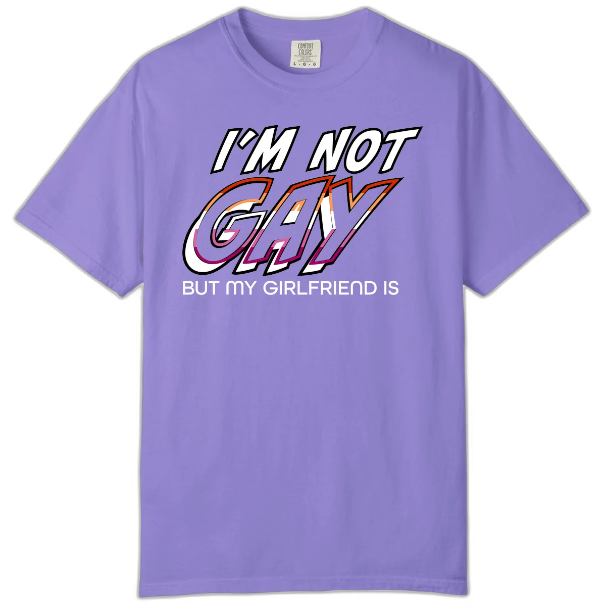 Bold typography design reading 'I'm not gay but my girlfriend is' in orange and magenta layered 3D letters in Violet