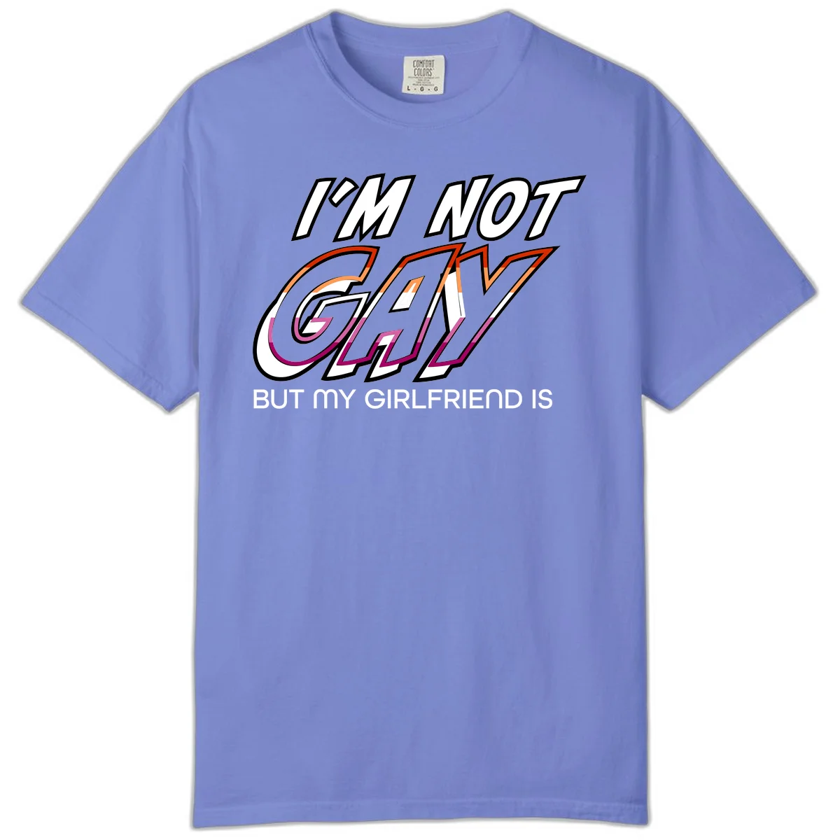 Bold typography design reading 'I'm not gay but my girlfriend is' in orange and magenta layered 3D letters in Flo Blue