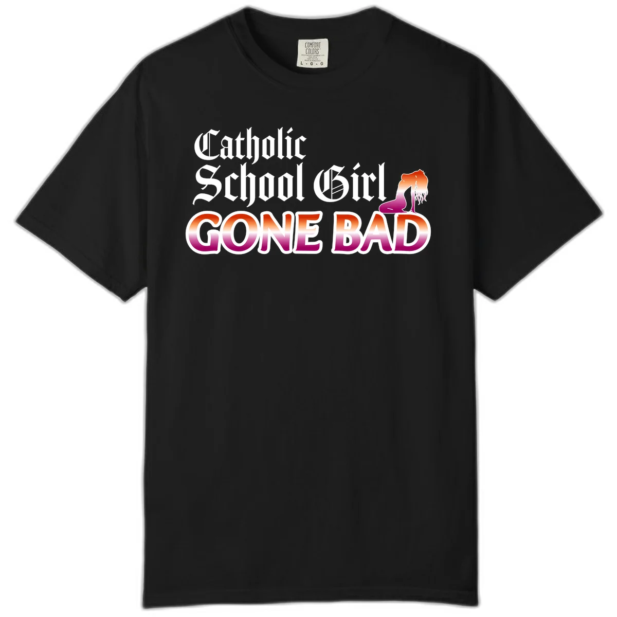 Catholic school girl gone bad design with gothic lettering in orange-to-pink gradient and silhouette figure illustration in Black