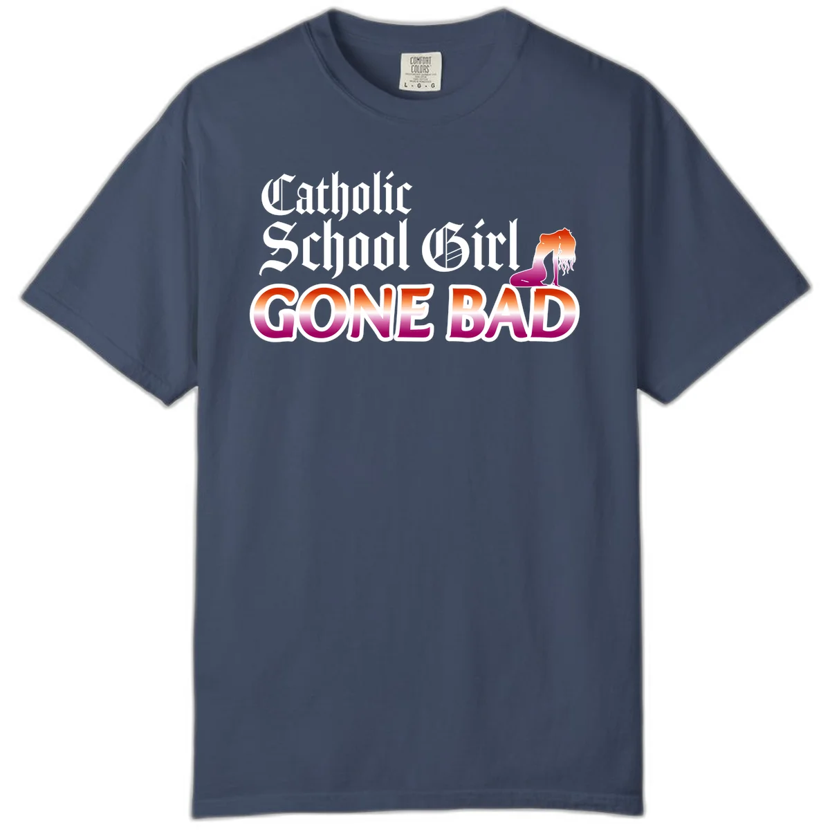 Catholic school girl gone bad design with gothic lettering in orange-to-pink gradient and silhouette figure illustration in Midnight