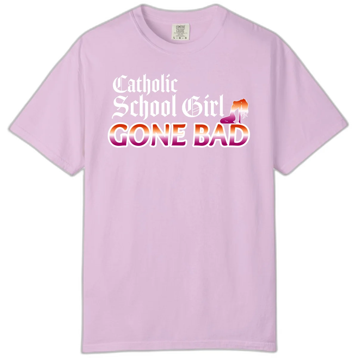 Catholic school girl gone bad design with gothic lettering in orange-to-pink gradient and silhouette figure illustration in Orchid
