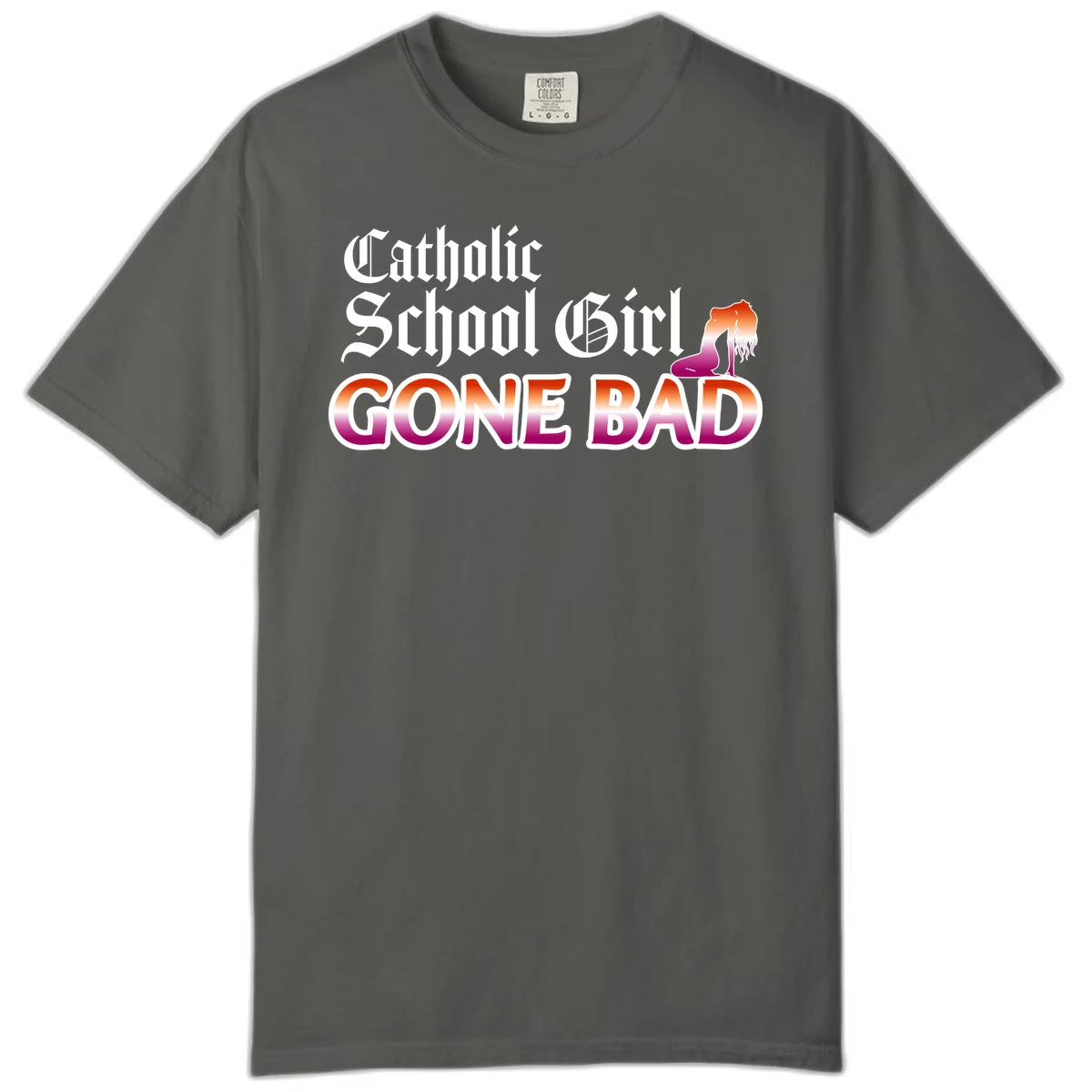 Catholic school girl gone bad design with gothic lettering in orange-to-pink gradient and silhouette figure illustration in Pepper