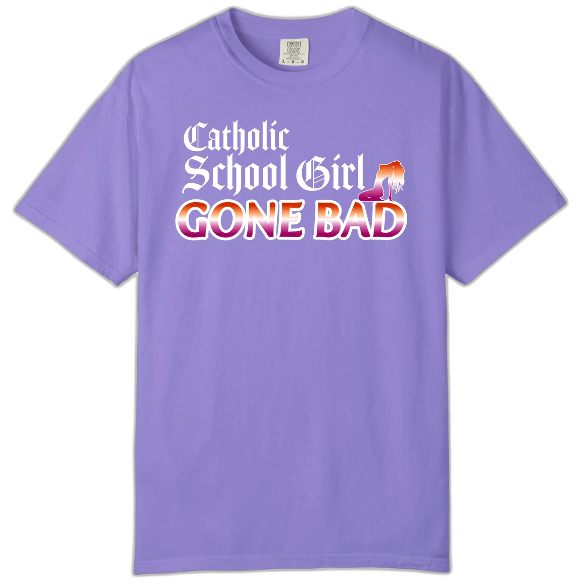 Catholic school girl gone bad design with gothic lettering in orange-to-pink gradient and silhouette figure illustration in Violet