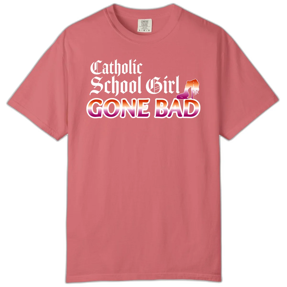 Catholic school girl gone bad design with gothic lettering in orange-to-pink gradient and silhouette figure illustration in Watermelon