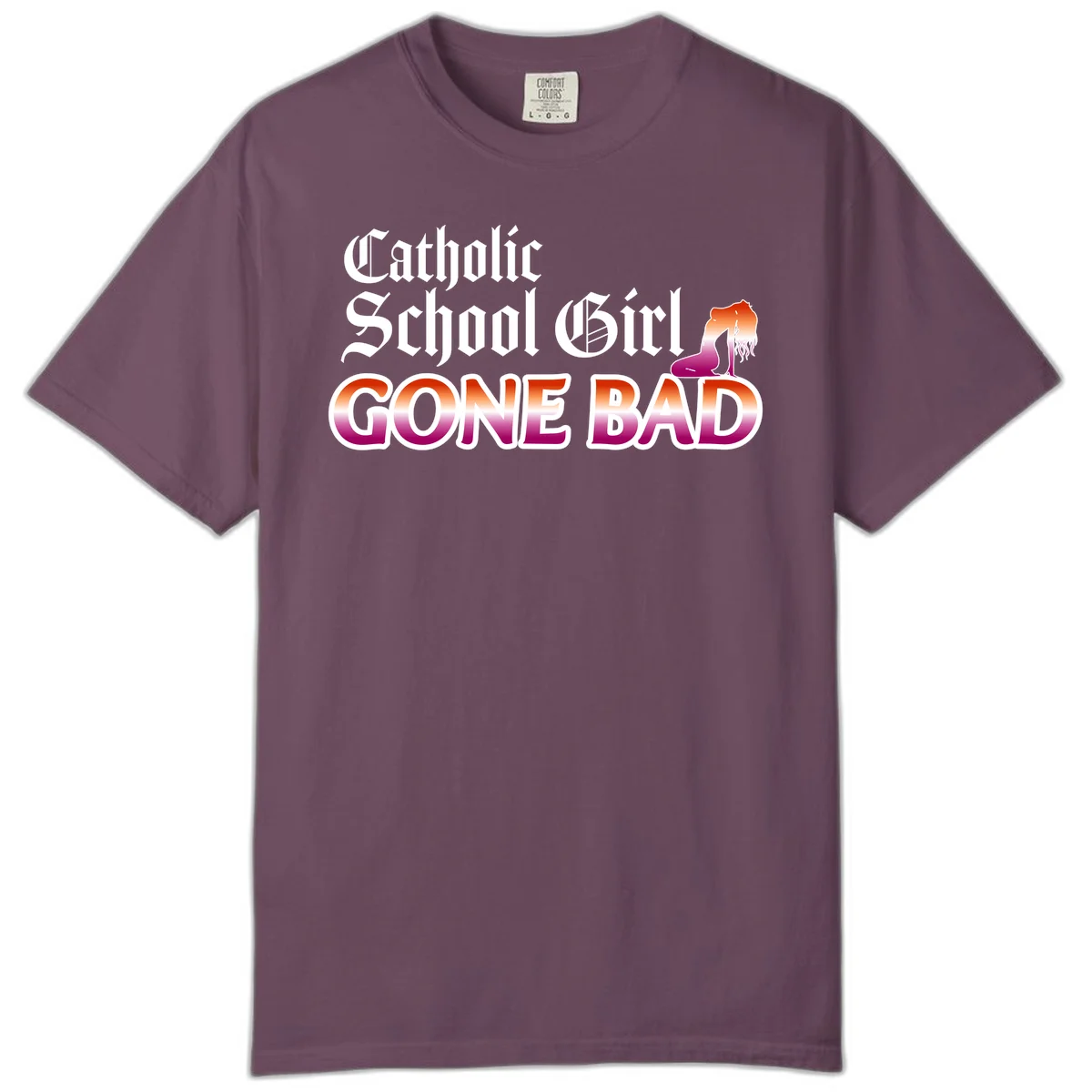 Catholic school girl gone bad design with gothic lettering in orange-to-pink gradient and silhouette figure illustration in Berry