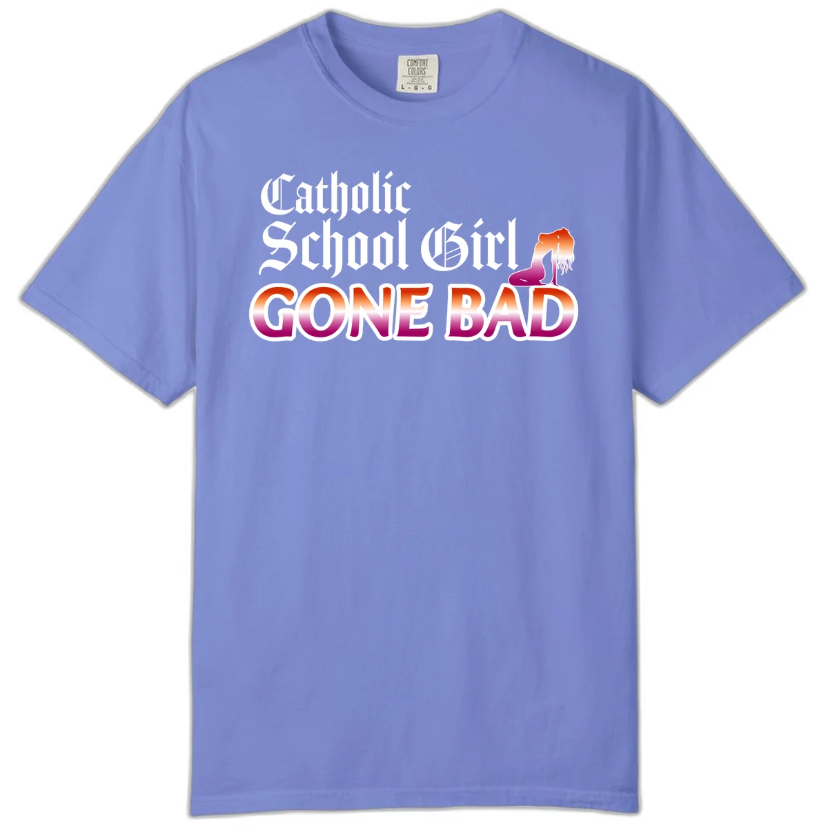 Catholic school girl gone bad design with gothic lettering in orange-to-pink gradient and silhouette figure illustration in Flo Blue