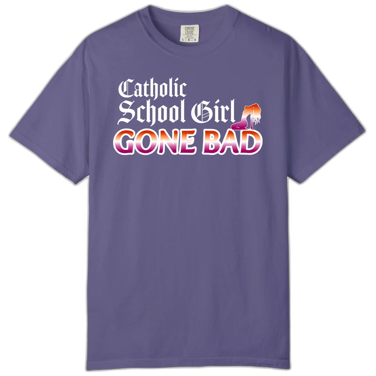 Catholic school girl gone bad design with gothic lettering in orange-to-pink gradient and silhouette figure illustration in Grape