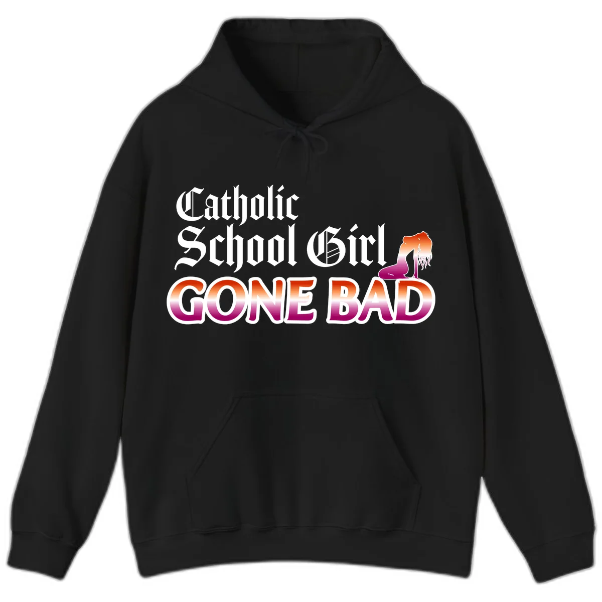 Catholic school girl gone bad design with gothic lettering in orange-to-pink gradient and silhouette figure illustration in Black
