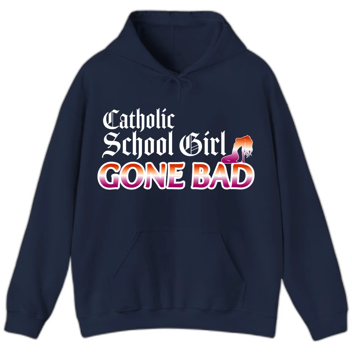 Catholic school girl gone bad design with gothic lettering in orange-to-pink gradient and silhouette figure illustration in Navy