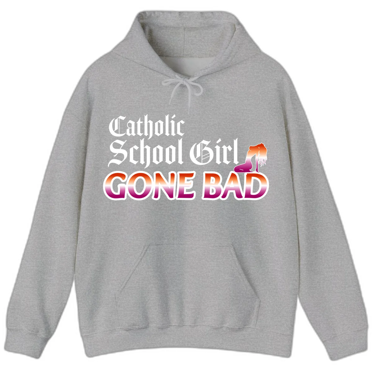 Catholic school girl gone bad design with gothic lettering in orange-to-pink gradient and silhouette figure illustration in Sport Grey
